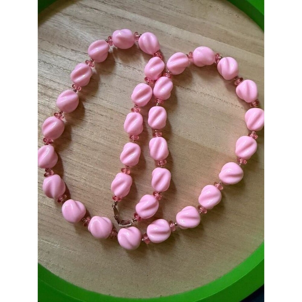 Vintage Pink Swirl Barrel Bead Necklace 31in
